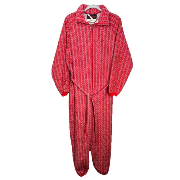 Vintage Wiman Red Floral Quilted Jumpsuit Sz Medium Romper Pajama Tie Waist 80s - Picture 1 of 11